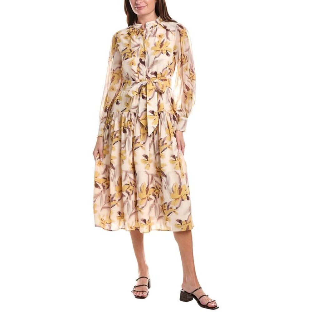 Gracia Womens  Floral Printed Long Sleeve Belt Midi Dress, Yellow
